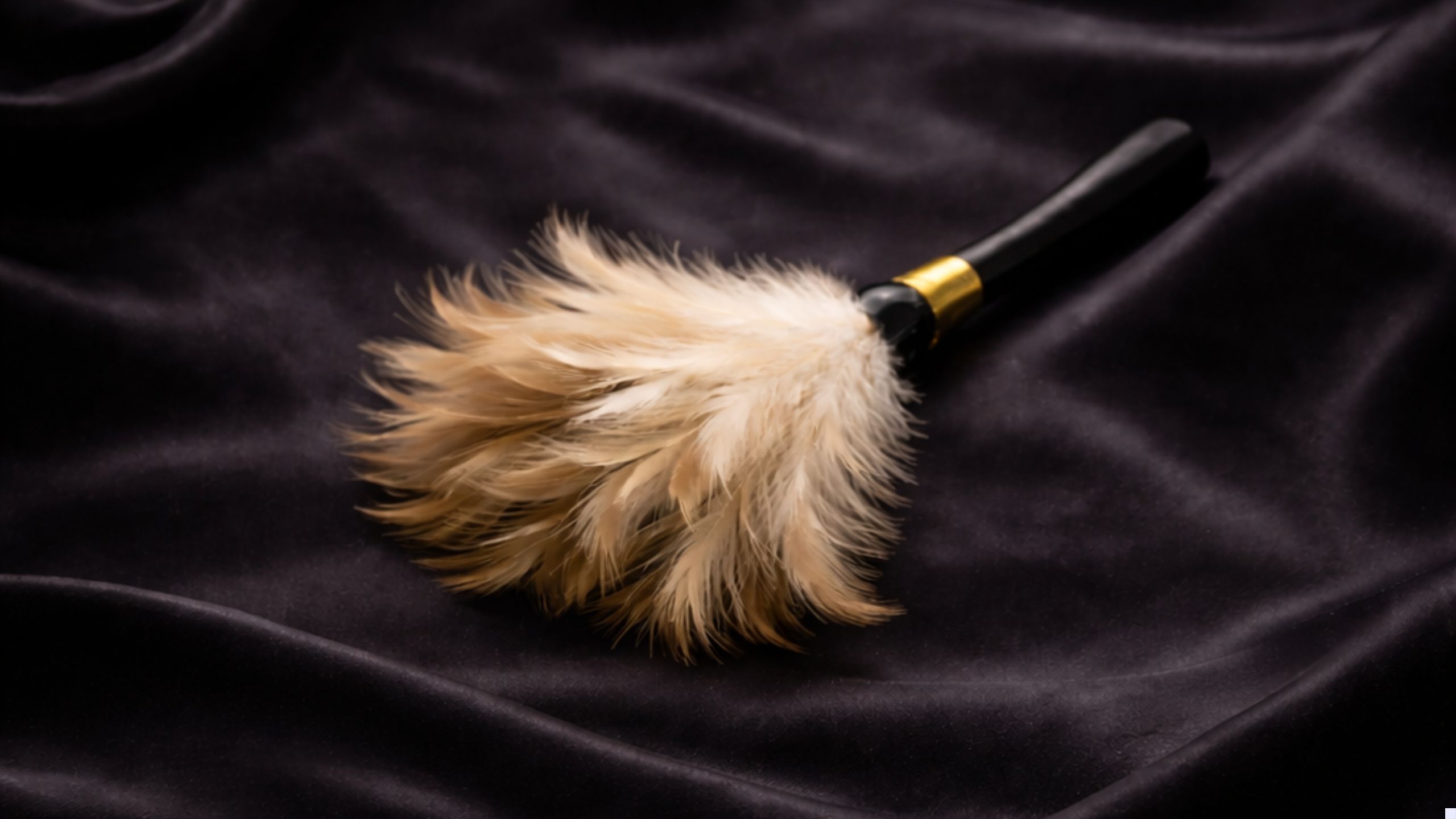 A cream and black feather duster with a gold trim lies on a black fabric