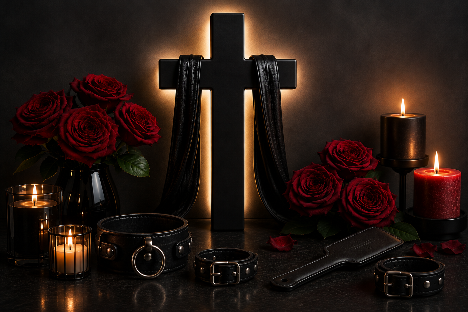 A black LED lit cross with red roses and accessories. Suggests Christianity and kink.