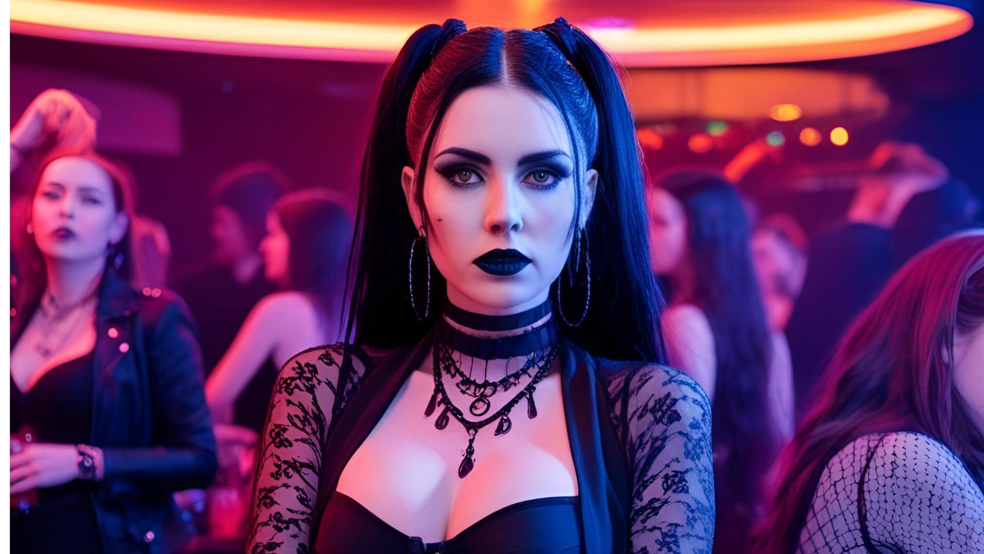 A shy gothic woman at a nightclub. AI generated image.
