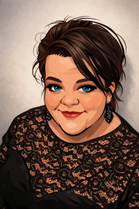 Illustrated portrait of Elena, the author of Ten Shades & Me, smiling with bright blue eyes and dark brown hair in a soft updo, wearing a black lace top and beaded earrings against a neutral, studio-style gradient background.