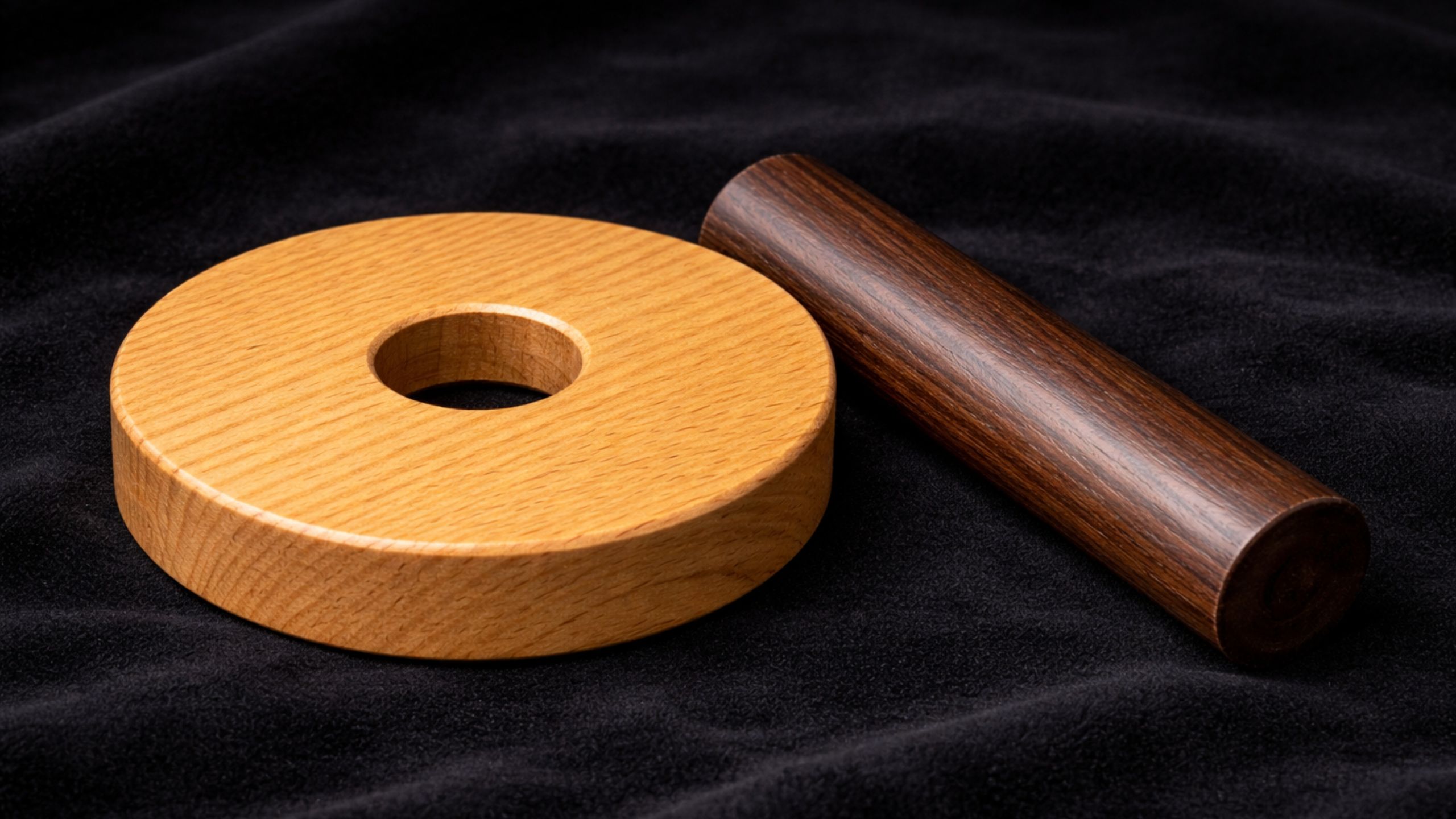 Close-up of oak disc with centre hole and dark wooden dowel on black velvet, symbolic of pegging.