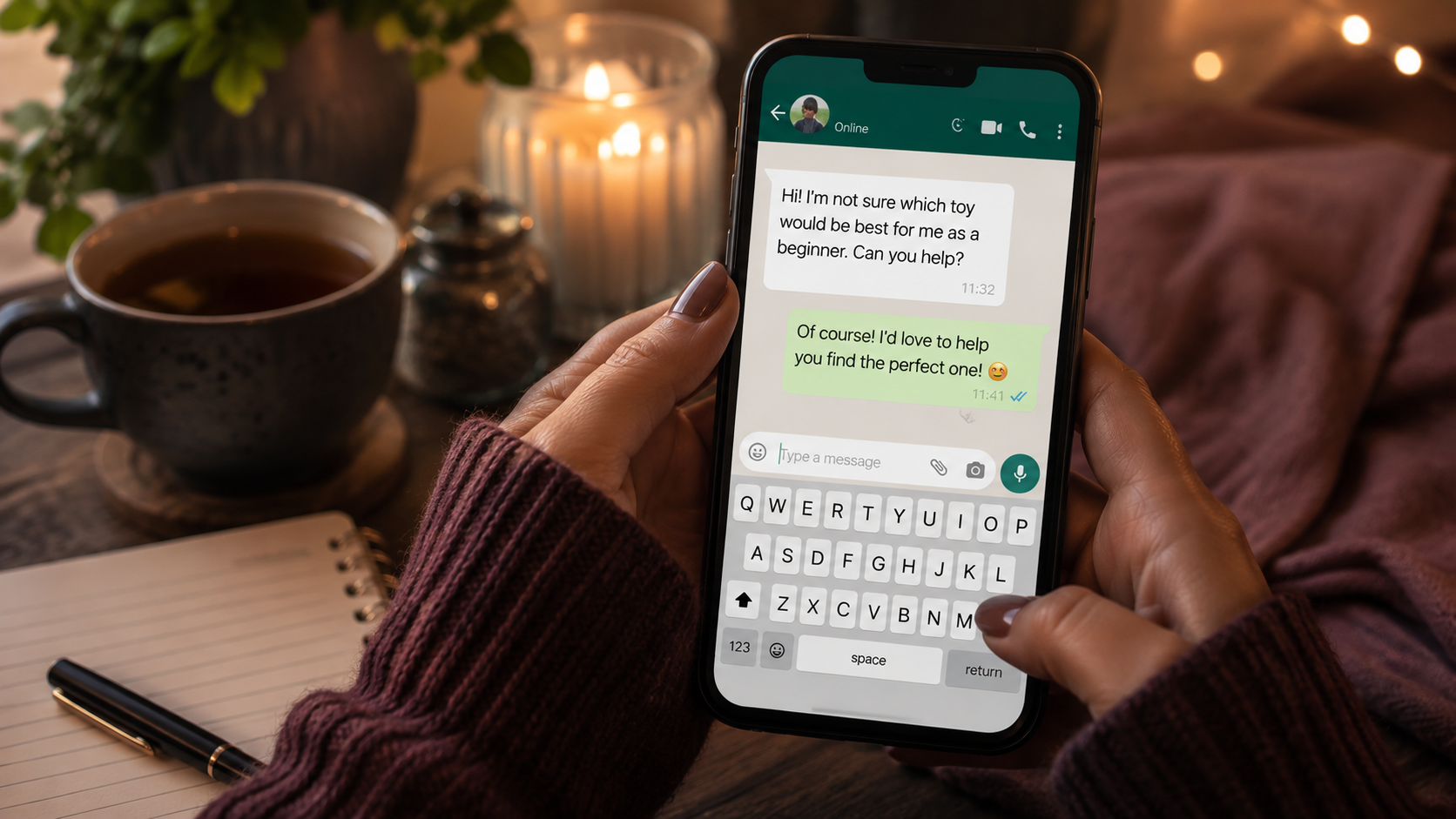 A person holds a smartphone displaying a WhatsApp conversation in which someone asks for beginner sex toy advice and receives a friendly, helpful reply. The phone rests in a cosy setting with a mug of tea, a notebook, and candlelight, creating a warm and approachable atmosphere.