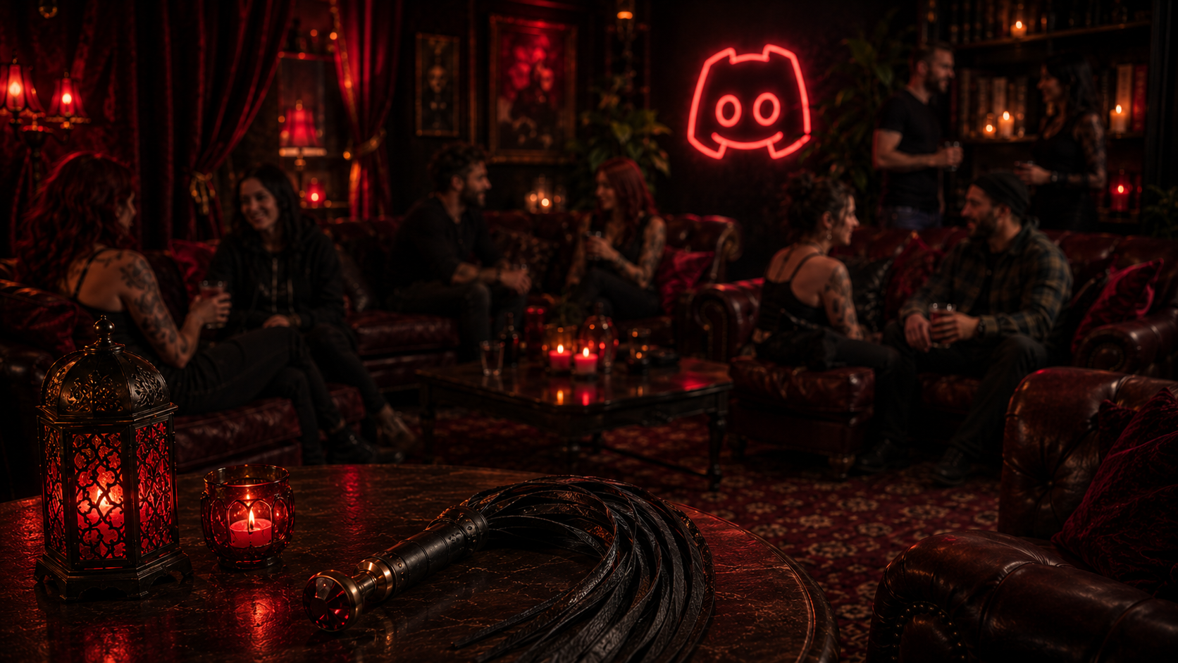 A lounge room full of people chatting and a neon red discord sign on the wall.