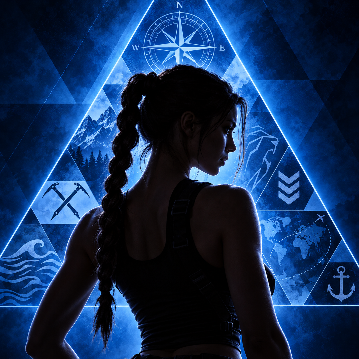 A woman with a long braided polytail stands in front of a blue triangle action and adventure symbols.